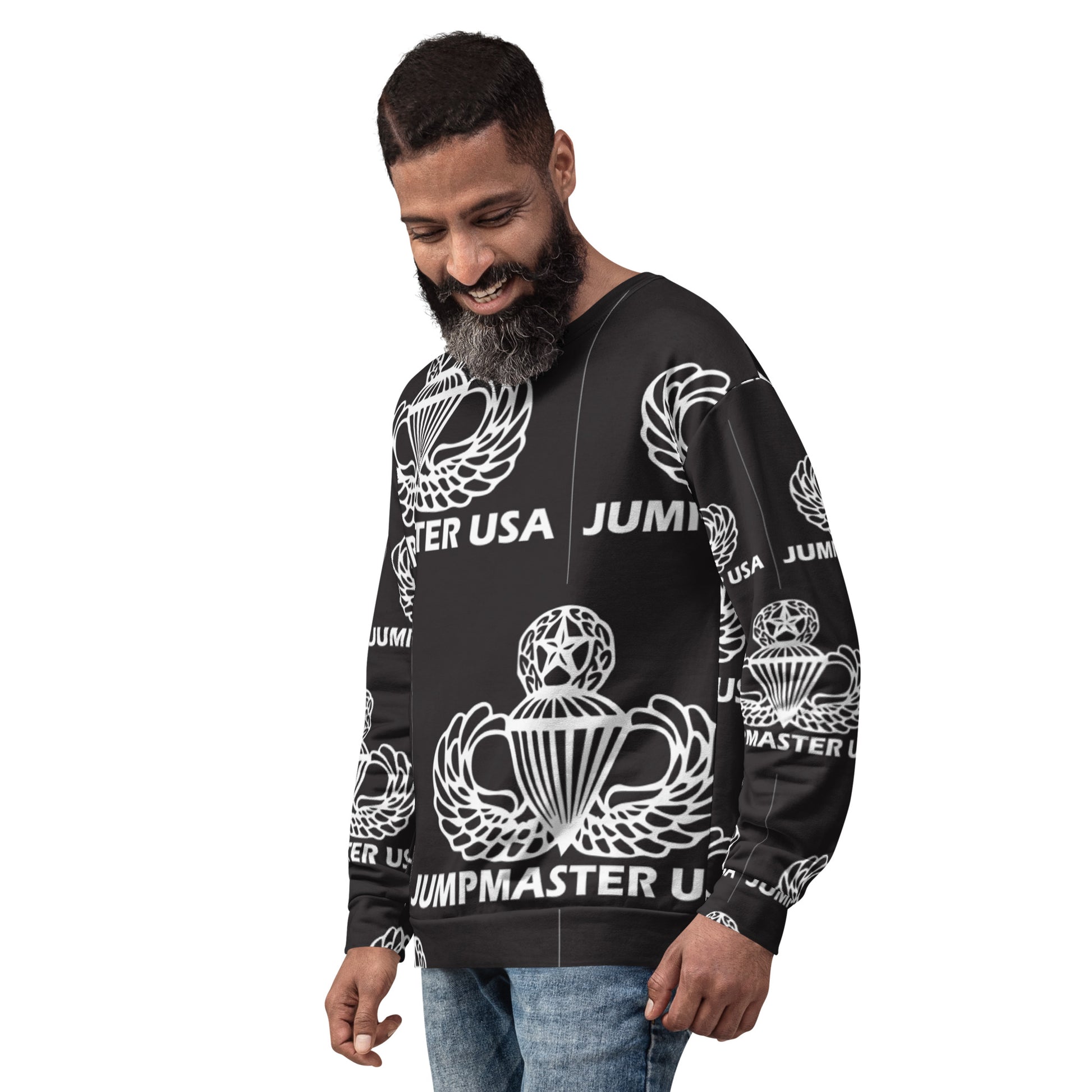 This Jumpmaster USA sweatshirt is unique and will grab all the attention at your unit BBQ or mandatory fun activity. These all-over printed sweatshirts are precision-cut and hand-sewn to achieve the best possible look and bring out the intricate design.