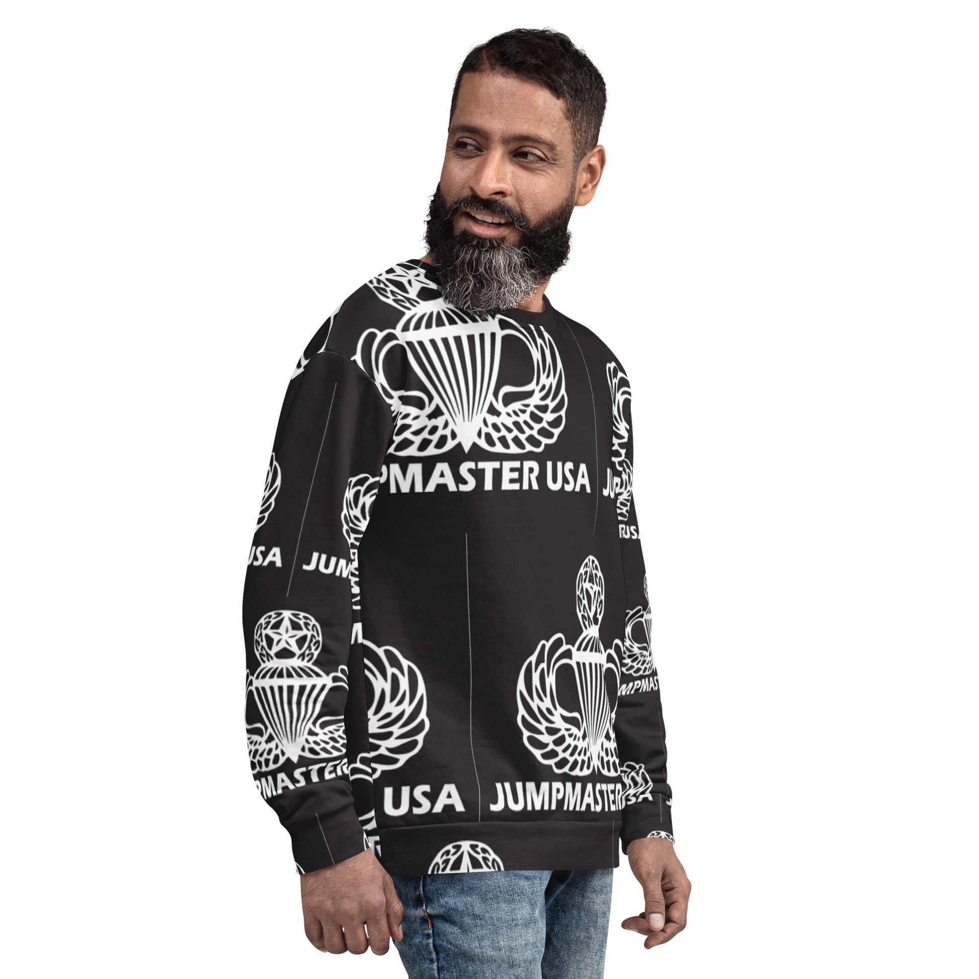 This Jumpmaster USA sweatshirt is unique and will grab all the attention at your unit BBQ or mandatory fun activity. These all-over printed sweatshirts are precision-cut and hand-sewn to achieve the best possible look and bring out the intricate design.