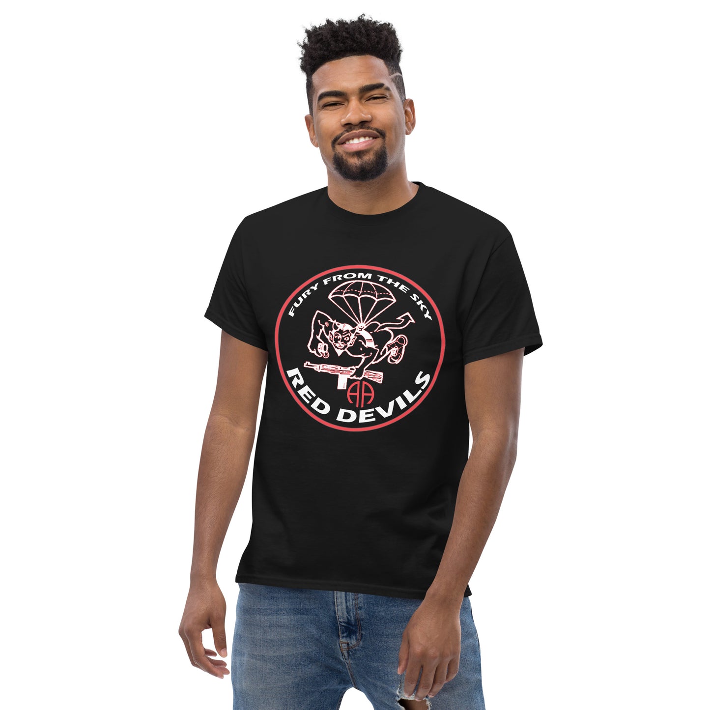 Rep the 508th Parachute Infantry Regiment with this 'Fury From The Sky Tee'. The 100% cotton men's classic tee will help you land a more structured look. It sits nicely, maintains sharp lines around the edges, and goes perfectly with layered streetwear outfits. Plus, it's extra trendy now!