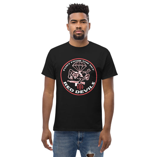 Rep the 508th Parachute Infantry Regiment with this 'Fury From The Sky Tee'. The 100% cotton men's classic tee will help you land a more structured look. It sits nicely, maintains sharp lines around the edges, and goes perfectly with layered streetwear outfits. Plus, it's extra trendy now!
