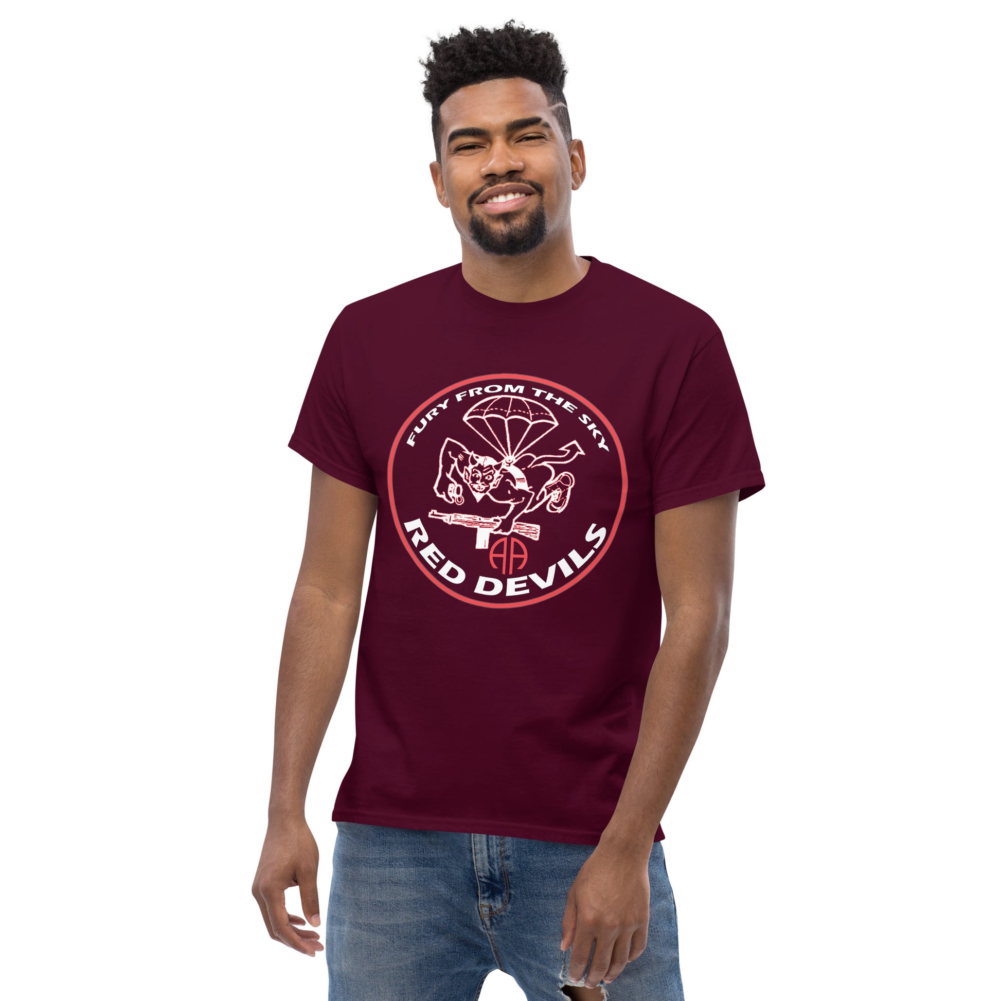 Rep the 508th Parachute Infantry Regiment with this 'Fury From The Sky Tee'. The 100% cotton men's classic tee will help you land a more structured look. It sits nicely, maintains sharp lines around the edges, and goes perfectly with layered streetwear outfits. Plus, it's extra trendy now!