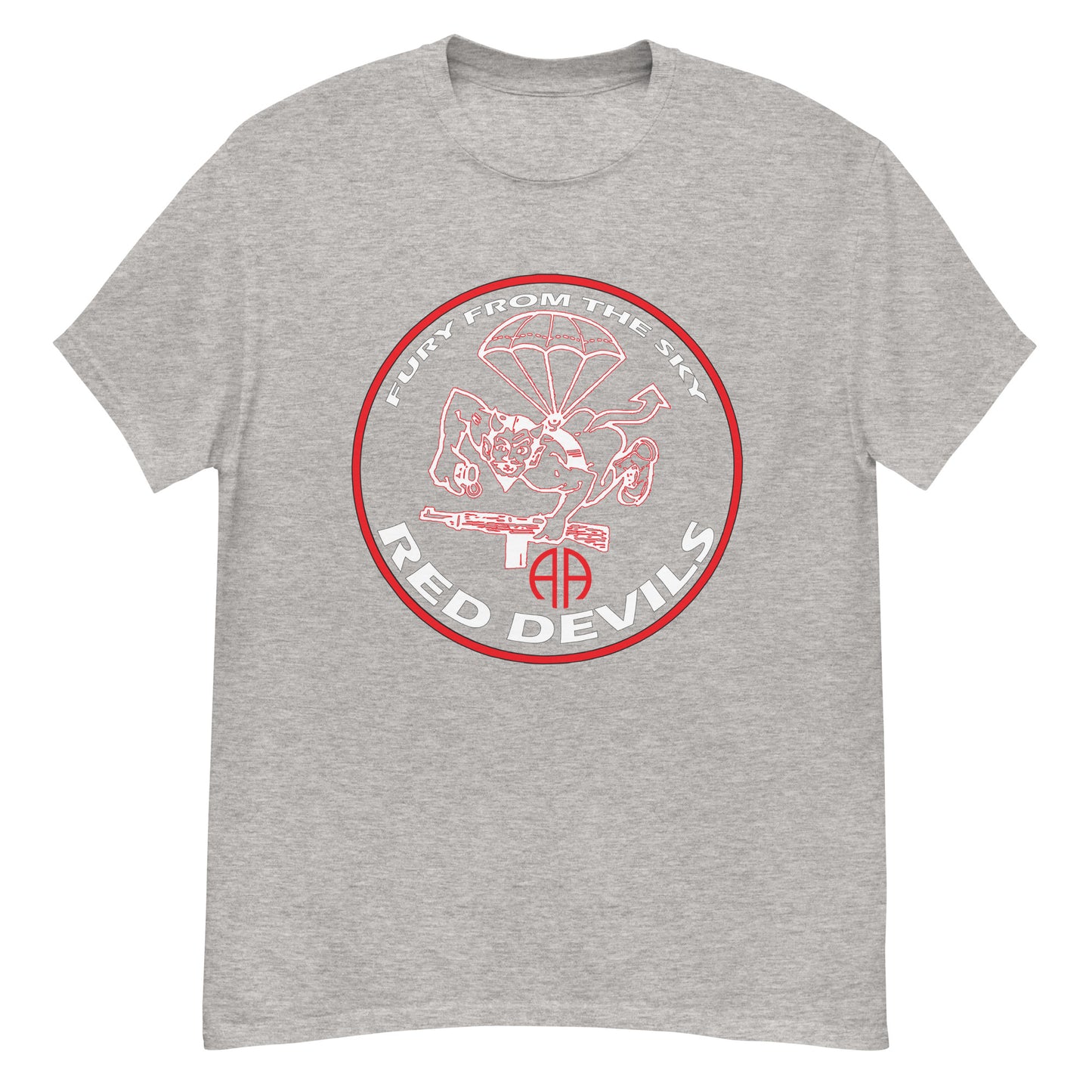 Rep the 508th Parachute Infantry Regiment with this 'Fury From The Sky Tee'. The 100% cotton men's classic tee will help you land a more structured look. It sits nicely, maintains sharp lines around the edges, and goes perfectly with layered streetwear outfits. Plus, it's extra trendy now!