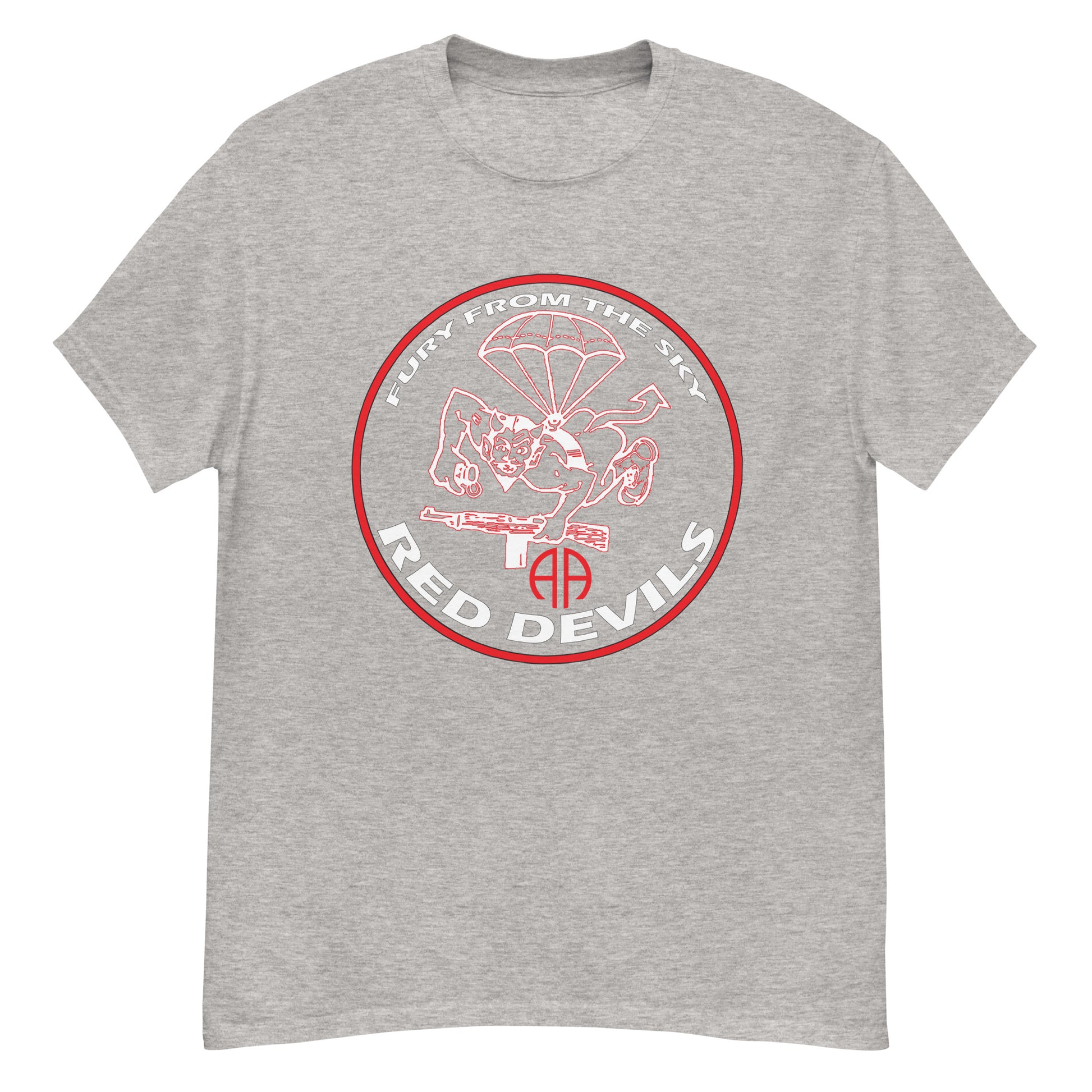 Rep the 508th Parachute Infantry Regiment with this 'Fury From The Sky Tee'. The 100% cotton men's classic tee will help you land a more structured look. It sits nicely, maintains sharp lines around the edges, and goes perfectly with layered streetwear outfits. Plus, it's extra trendy now!