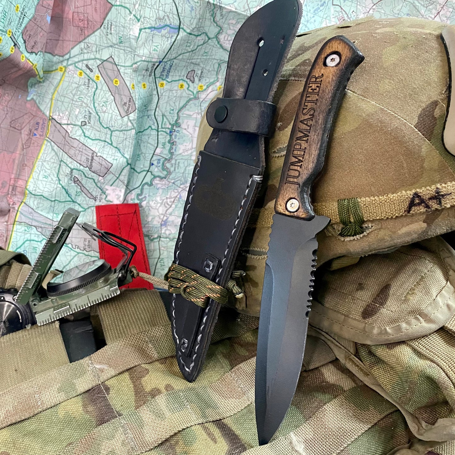 The Jumpmaster knife was developed for use by military jumpmaster personnel as an emergency cutting tool. This knife is custom made; you won't find any other knife like it. It measures in at 10 inches total length with a 6-inch blade. Designed to be lightweight, stylish and effective. Each knife is custom made