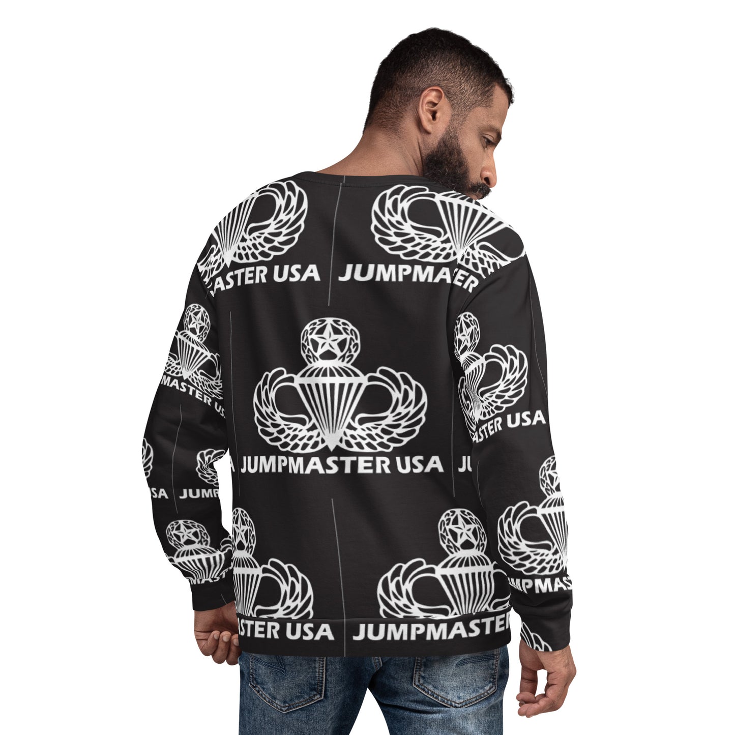 This Jumpmaster USA sweatshirt is unique and will grab all the attention at your unit BBQ or mandatory fun activity. These all-over printed sweatshirts are precision-cut and hand-sewn to achieve the best possible look and bring out the intricate design.