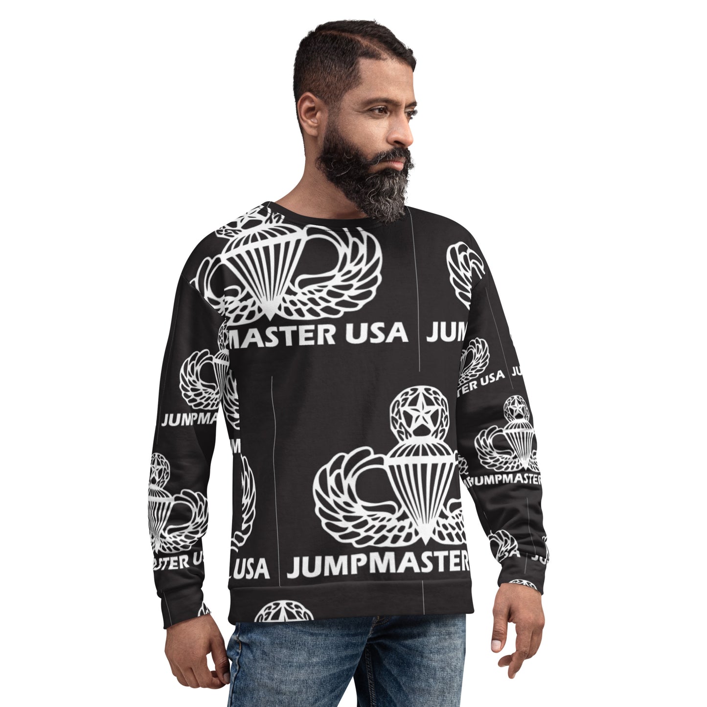 This Jumpmaster USA sweatshirt is unique and will grab all the attention at your unit BBQ or mandatory fun activity. These all-over printed sweatshirts are precision-cut and hand-sewn to achieve the best possible look and bring out the intricate design.